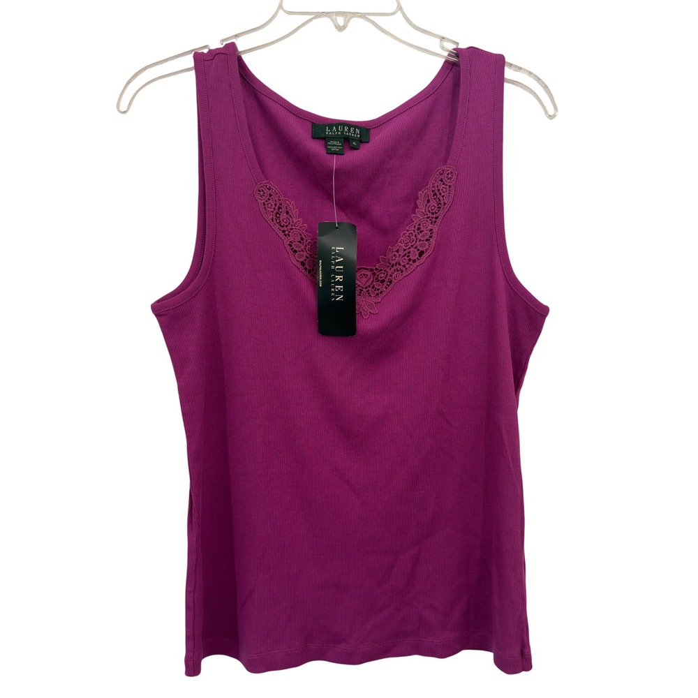 Lauren Ralph Lauren Magenta Ribbed Lace Trim Tank Top XL NWT Y2K Coquette